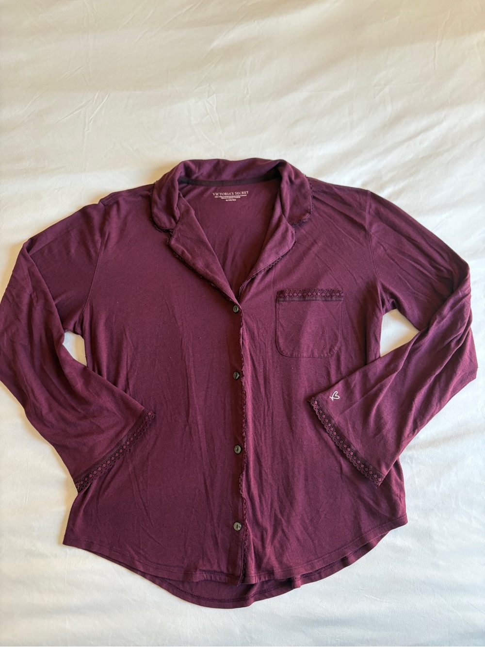 Victoria’s Secret Purple Lace Trim Pajama Top Button Up Sleepwear Cozy